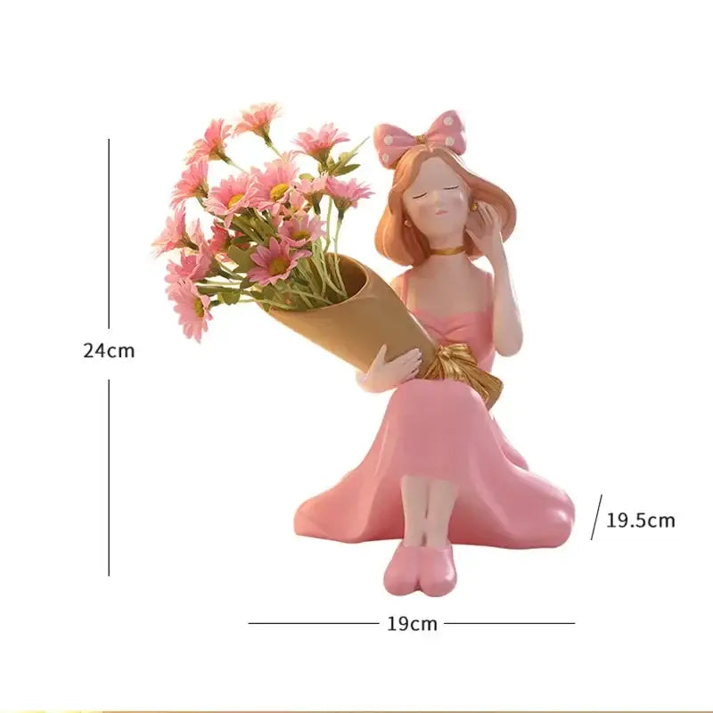 Pink resin decorbites girl statues vase ornament of girl in pink dress holding bouquet for office decor