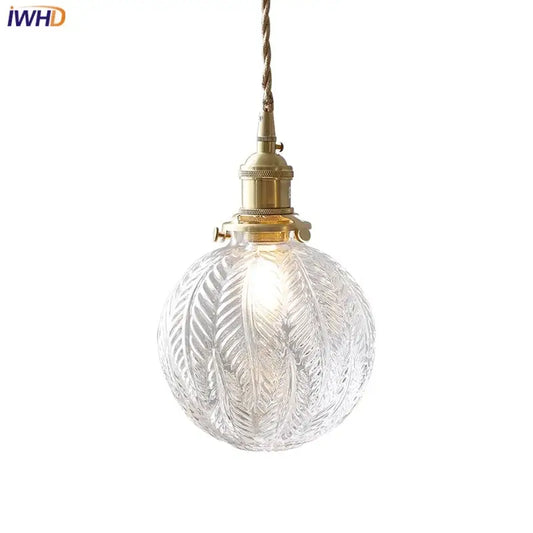 DecorBites Glabe glass pendant light fixture with intricate leaf etching and brass finish for bedroom and kitchen lighting
