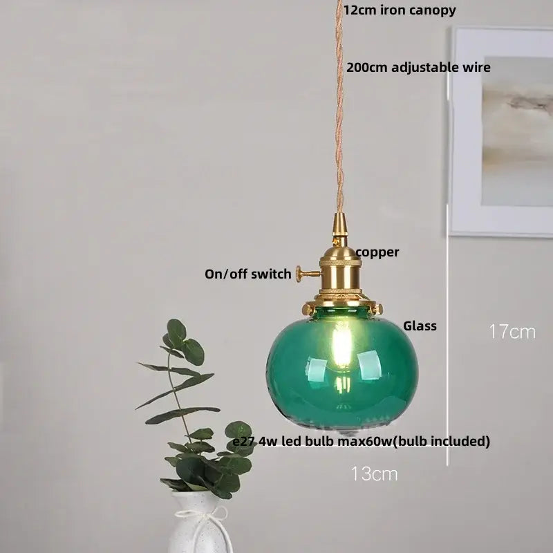 Decorbites™ glabe glass led pendant light fixture with emerald green globe and brass copper accents for kitchen lighting