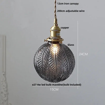 DecorBites™ glabe glass pendant light fixture with textured leaf pattern and antique brass copper finish for modern interiors