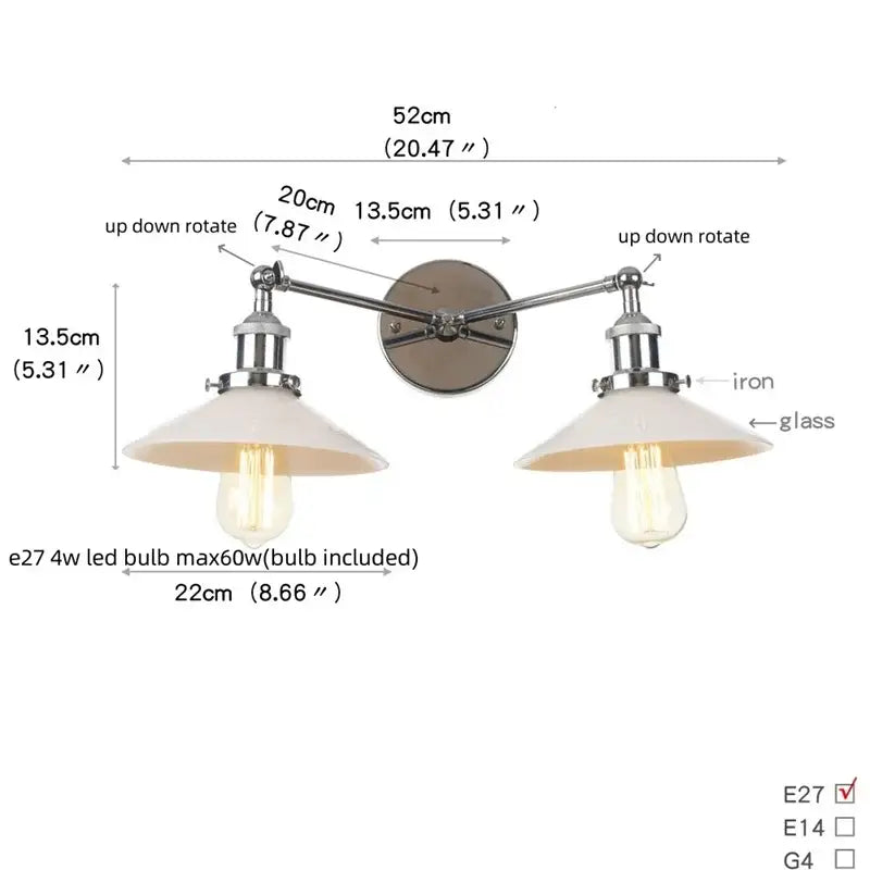 Decorbites glass 2-light wall sconce with chrome iron arms white glass shades and pull chain switch for bedroom and bathroom