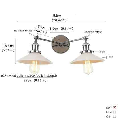 Decorbites glass 2-light wall sconce with chrome iron arms white glass shades and pull chain switch for bedroom and bathroom