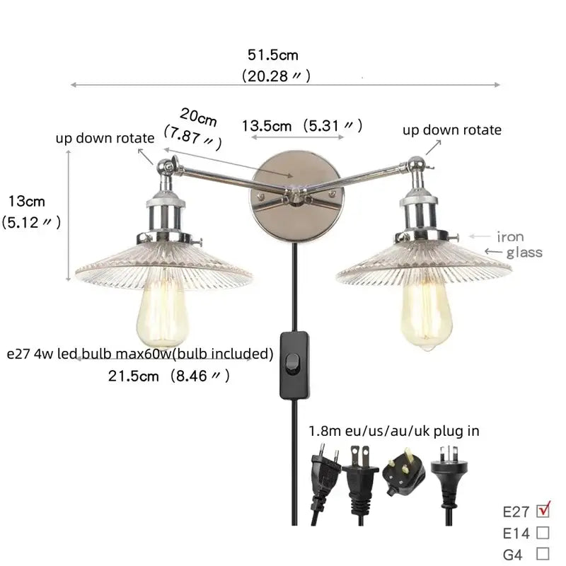 DecorBites™ glass 2-light wall sconce with chrome iron arms, glass shades, exposed Edison bulbs, and pull chain switch