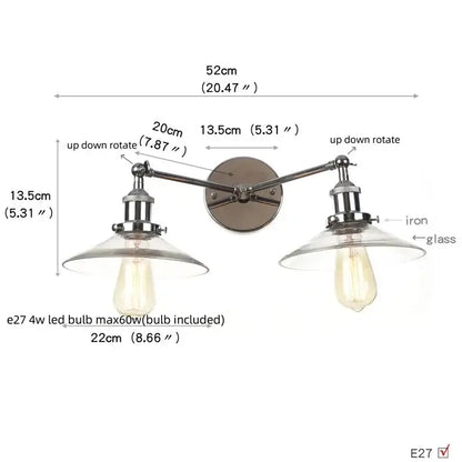 Industrial-style double-arm chrome iron wall sconce with clear glass shades and pull chain switch for bedroom and bathroom