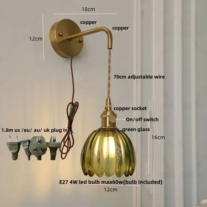 Vintage-style DecorBites glass adjustable wall lamp with copper body, green glass shade, and LED pull chain switch
