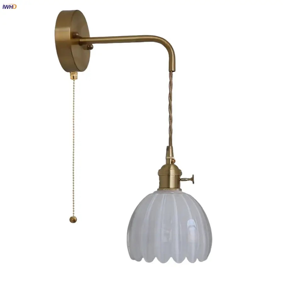 Brass-finished decorbites glass adjustable wall lamp with frosted petal-shaped shade and twisted cord pull chain switch
