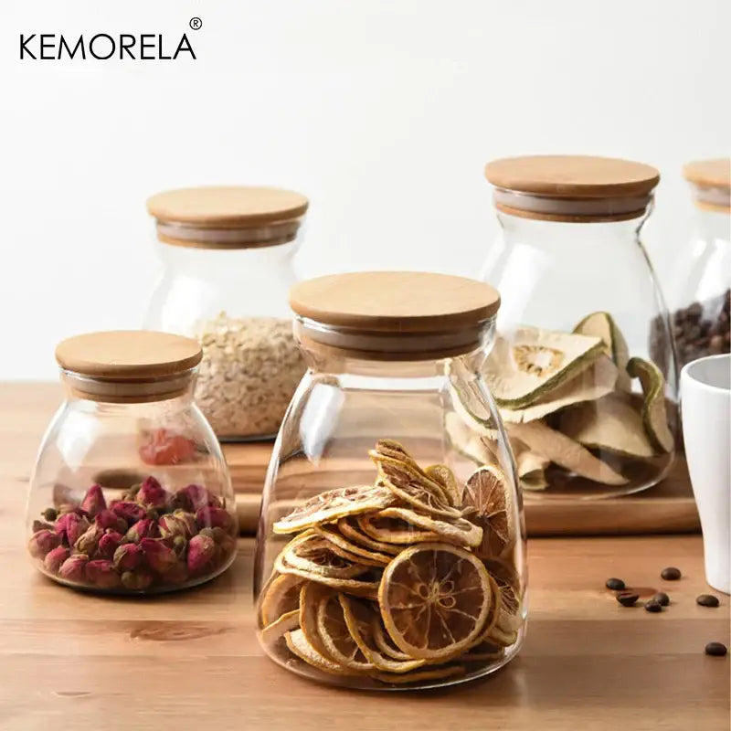 Clear glass airtight canister with natural bamboo lid by decorbites glass airtight for storing dried herbs and citrus slices
