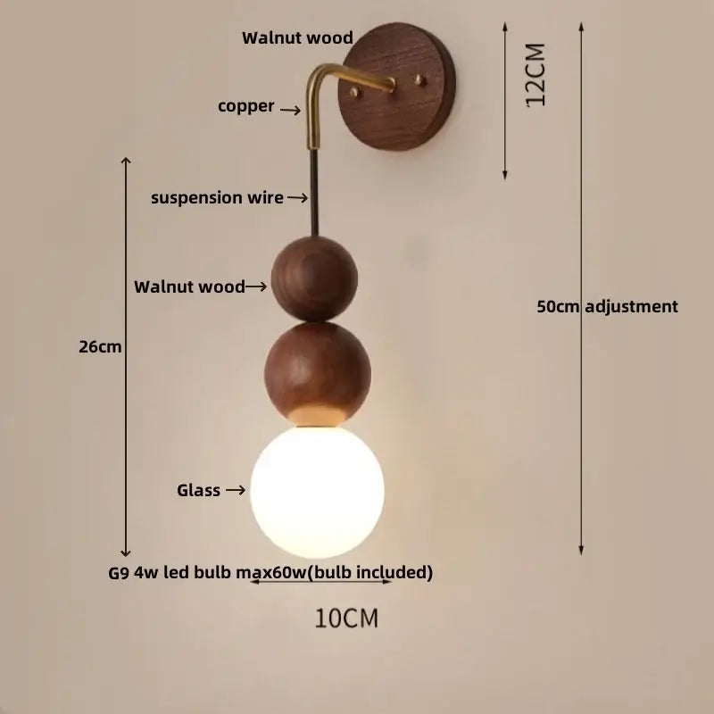 DecorBites™ wood adjustable wall light with walnut backplate copper arm and glass globe for living room and bedroom