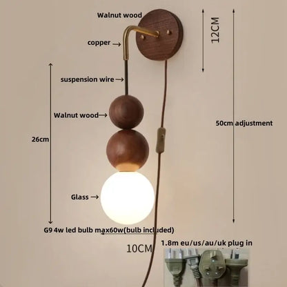 Decorbites wood adjustable wall light with walnut spheres copper accent and glass globe bulb for living room and bedroom