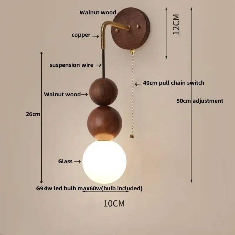 DecorBites glass and wood adjustable wall light with walnut wood and copper sconce for living room and bedroom
