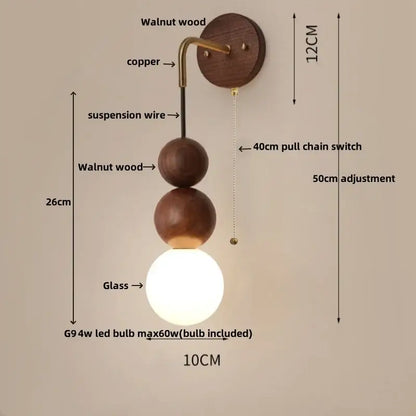 DecorBites glass and wood adjustable wall light with walnut wood and copper sconce for living room and bedroom