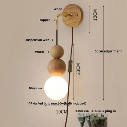 Decorbites glass and wood adjustable wall light with natural wood base copper arm and glowing globe bulb for living room