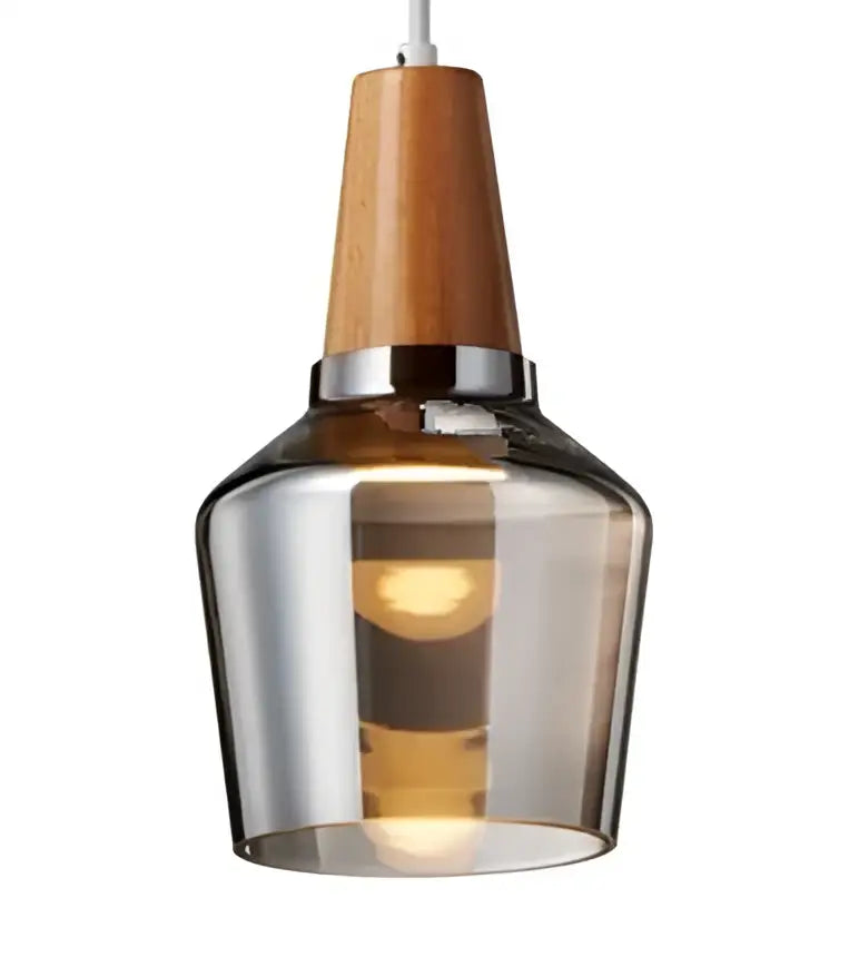 DecorBites glass and wood pendant light with warm wooden top, metallic band, and smoked glass shade for modern dining