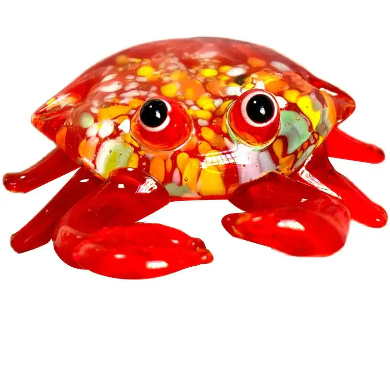 Decorbites™ glass animal figurines featuring a vibrant red glass crab with speckled orange and yellow shell and translucent limbs
