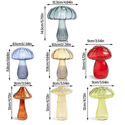 DecorBites™ glass aromatherapy vase home decor featuring colorful mushroom-shaped glass vases in blue amber red and green