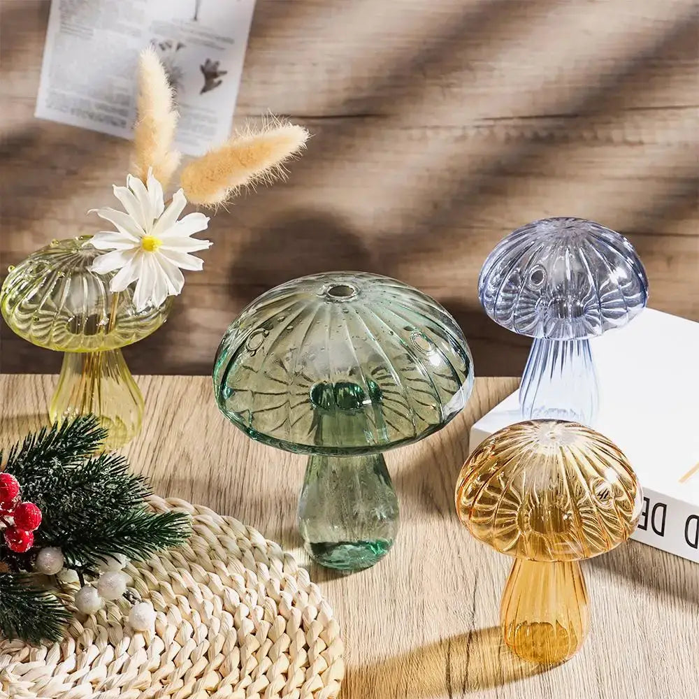 DecorBites™ glass aromatherapy vase set features four colorful ribbed glass vases for home decor with one holding a daisy