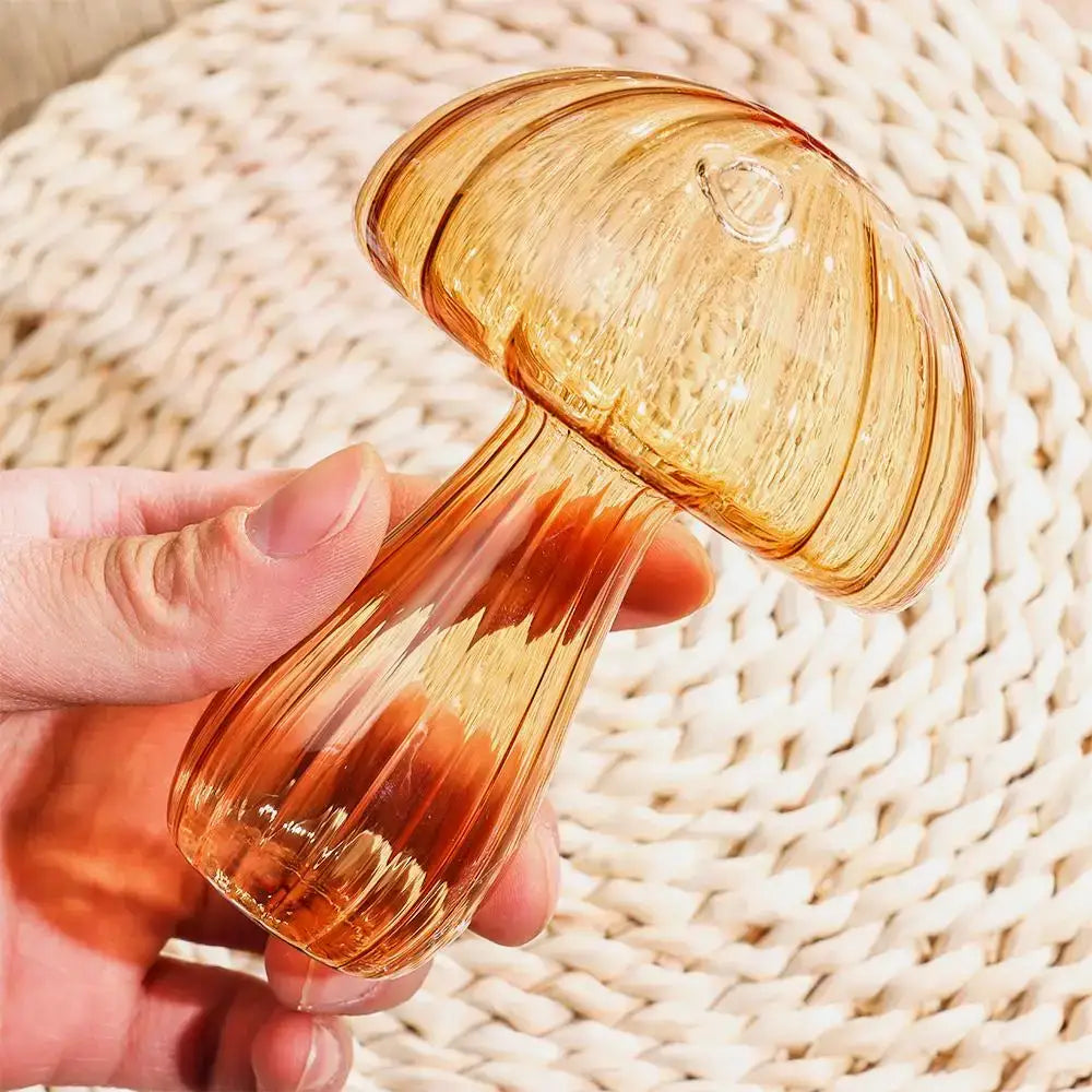 Translucent amber glass aromatherapy vase in mushroom shape with ribbed texture for elegant home decor