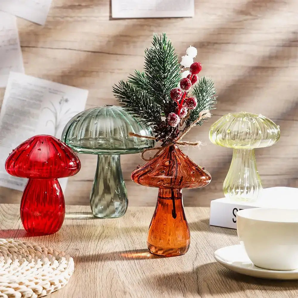 DecorBites™ amber glass aromatherapy vase with ribbed texture holding festive greenery and red berries for home decor