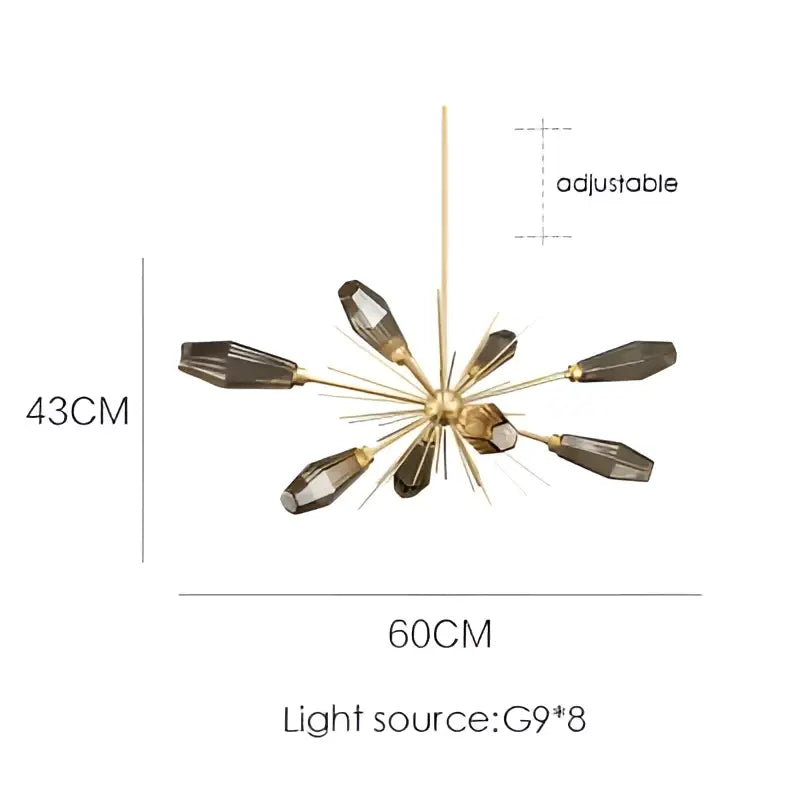 Gold-toned decorbites glass art chandelier with eight dark smoked glass prisms for living room and bedroom lighting