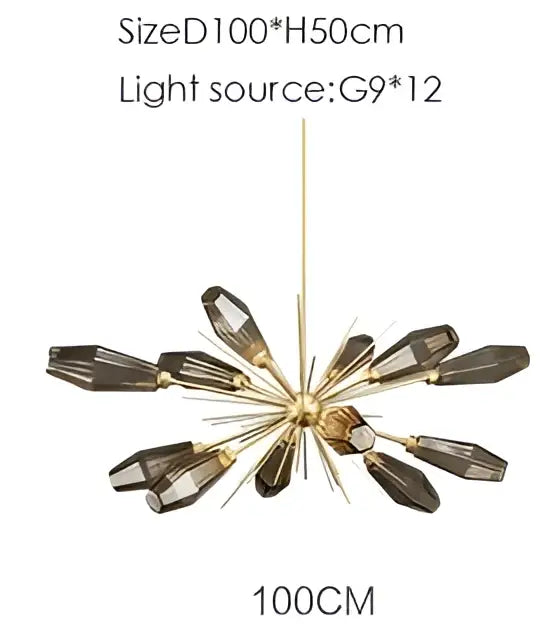 Decorbites glass art chandelier with gold-toned hub and dark faceted crystal arms for modern living spaces