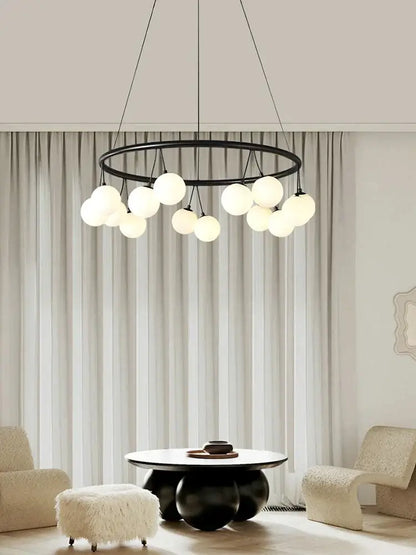 Black circular DecorBites glass art chandelier with frosted glass globe bulbs for living and dining rooms