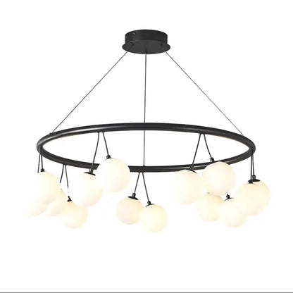 Decorbites glass art chandelier with black circular frame and frosted glass globe lights for living and dining rooms
