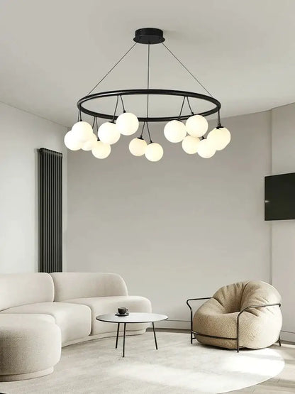 Black circular decorbites glass art chandelier with multiple frosted glass globe lights for living and dining rooms
