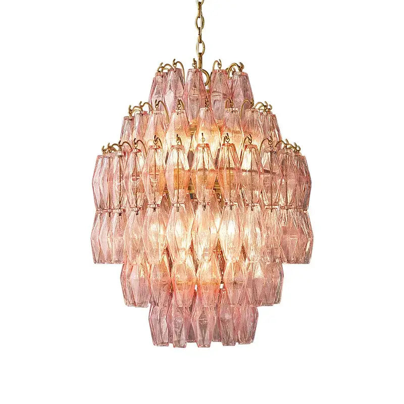 A tiered decorbites glass art led chandelier with faceted pink glass shades and gold-toned metal for living room