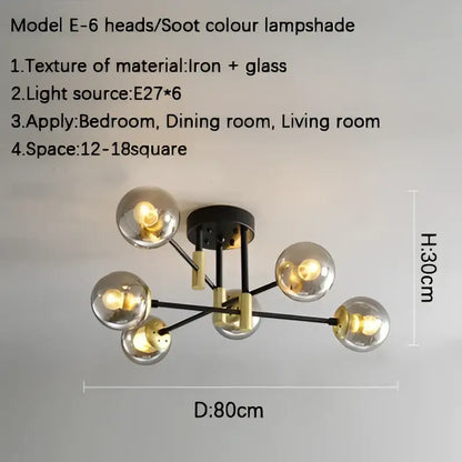 Modern decorbites glass ball black chandelier with six brass and glass spherical lampshades for dining rooms