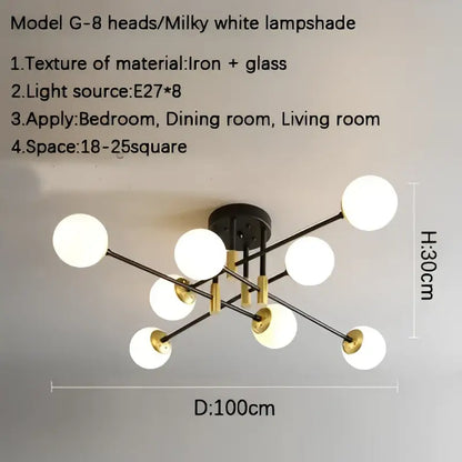 Milky white glass globe pendant light with black and gold metal arms in decorbites glass ball black chandelier model g-8