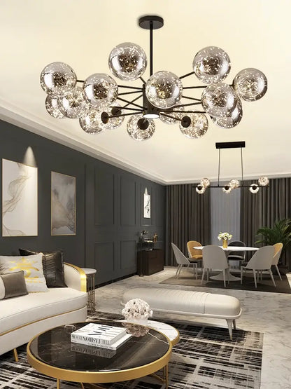 Modern decorbites glass ball branch chandelier with multiple spherical glass globes on black metal frame for living room lighting