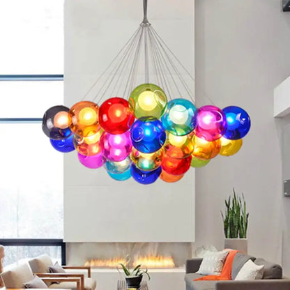 A vibrant multi-colored glass ball bubble chandelier by DecorBites glass ball for modern living room or dining table