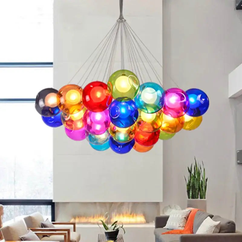 A vibrant multi-colored glass globe bubble chandelier by decorbites for modern living room and dining table lighting