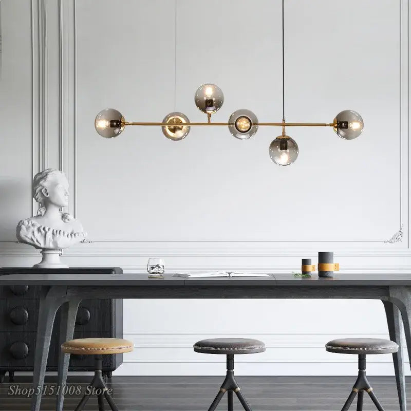 Modern brass bar pendant light with five spherical glass globes decorbites glass ball bubble led chandelier