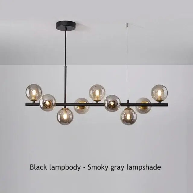 Black metal DecorBites™ ball ceiling chandelier with multiple smoky gray glass globe shades for home lighting