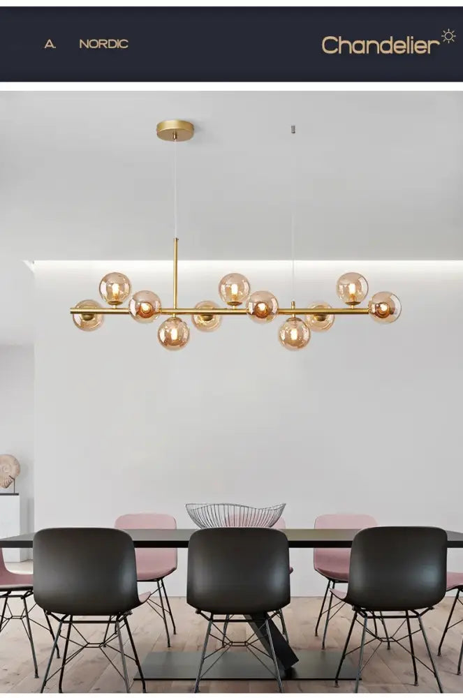 DecorBites™ gold-toned ball ceiling chandelier with spherical amber glass globes for elegant home lighting