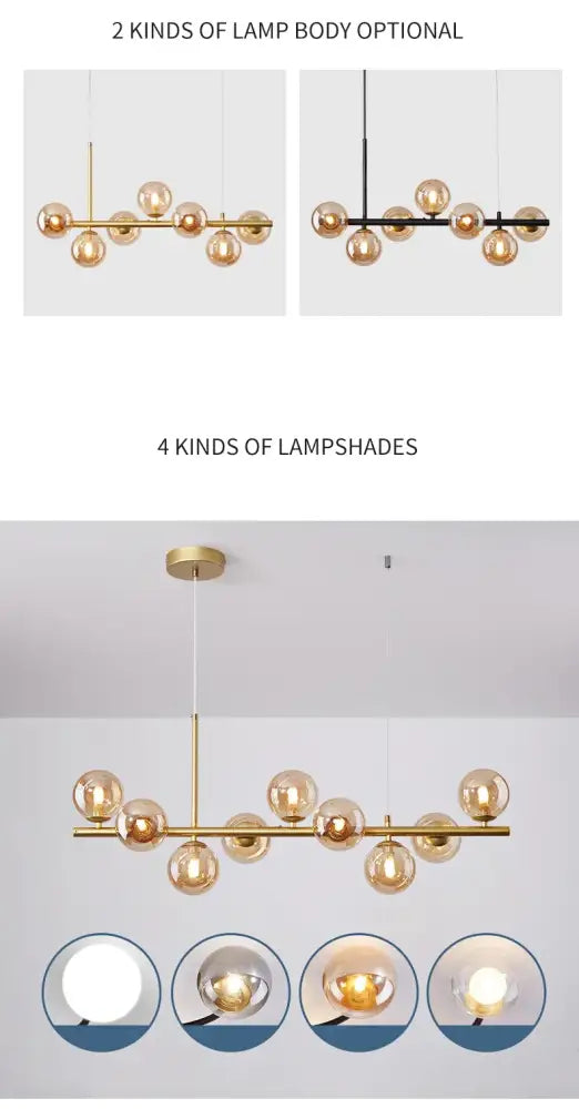 Gold-toned DecorBites™ glass ball ceiling chandelier with sleek horizontal bar and multiple spherical glass shades for home lighting