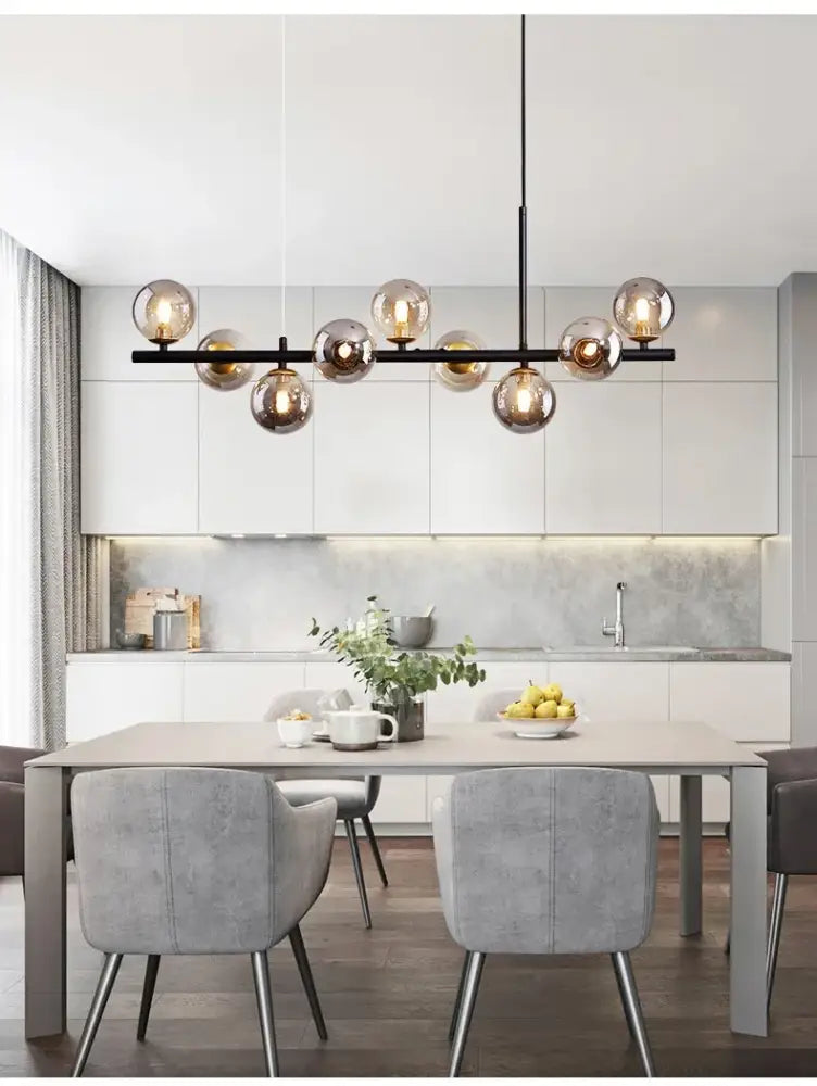 DecorBites™ modern black metal ball ceiling chandelier with amber-tinted glass globe bulbs for home lighting