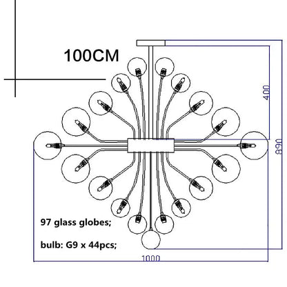 A decorbites glass ball ceiling chandelier with 97 glass globes and g9 bulbs in a symmetrical radial pattern