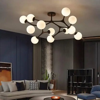 Modern black metal DecorBites glass ball ceiling chandelier with multiple frosted glass globe lights for living room