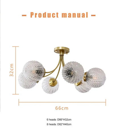 Brass-finished decorbites glass ball ceiling light with six textured glass globe shades for modern interiors