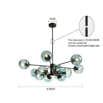 Modern decorbites glass ball chandelier with black metal frame and teal glass spheres for dining room lighting