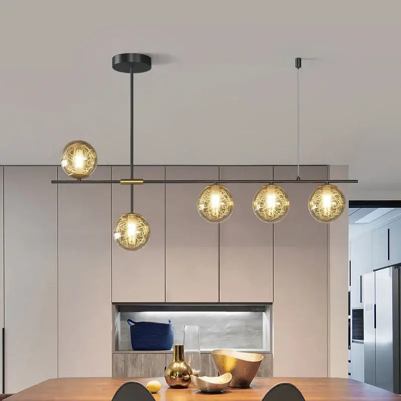 Decorbites glass ball chandelier ceiling light with five spherical glass bulbs and golden wirework on black frame