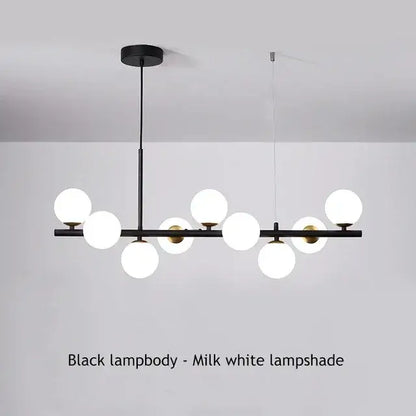 Black DecorBites™ glass ball chandelier with milk white spherical glass shades for dining and living rooms lighting