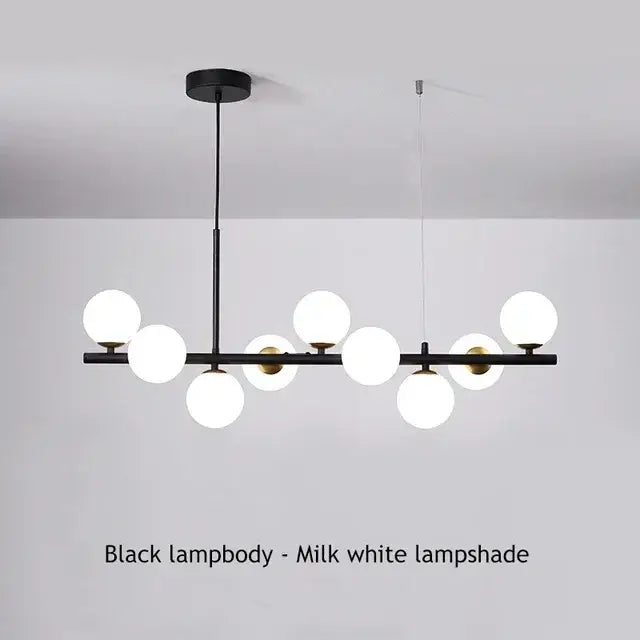 Black modern DecorBites™ glass ball chandelier with milk white spherical glass shades for dining room use