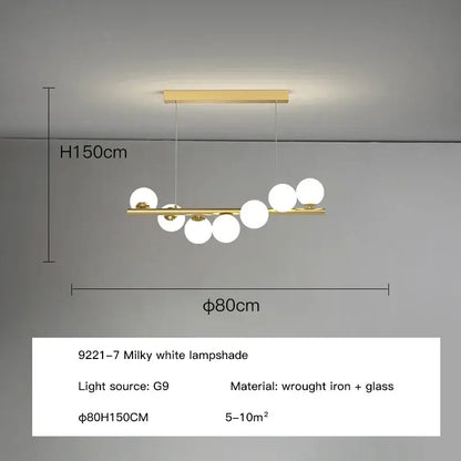 Gold-toned decorbites glass ball chandelier with seven milky white glass lampshades for dining room and office use