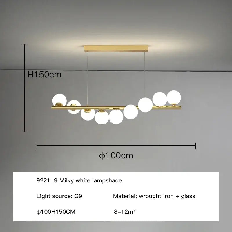 Gold-toned decorbites glass ball chandelier with nine milky white glass globes for dining room kitchen or office lighting