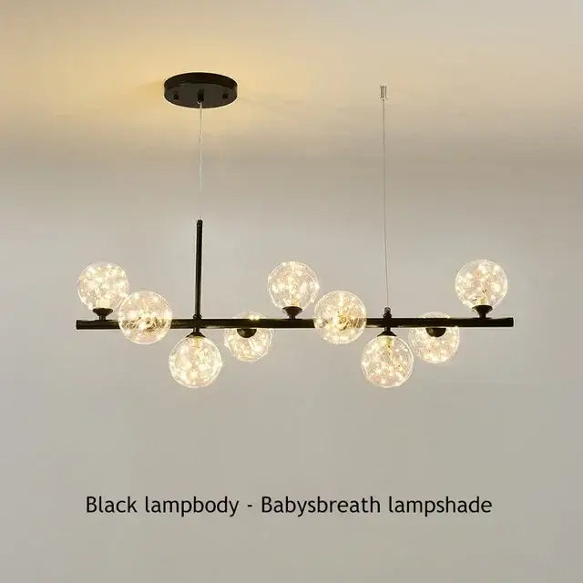 Black metal decorbites glass ball chandelier with frosted spherical shades resembling babys breath for home lighting