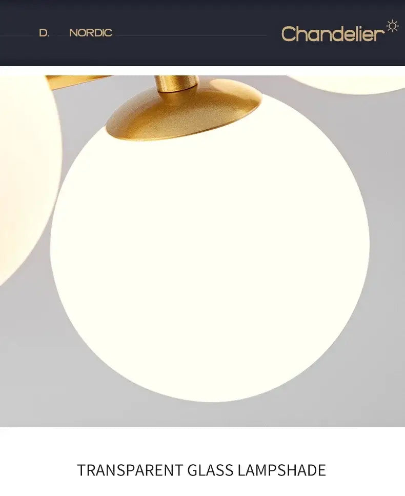 DecorBites™ glass ball chandelier with a translucent rounded glass ball lampshade and brass metal fixture for home lighting