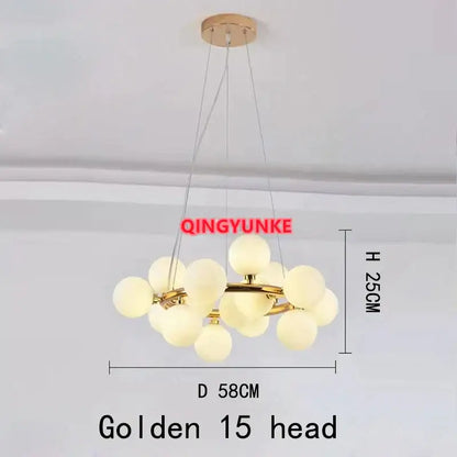 Golden decorbites glass ball chandelier with fifteen frosted glass globes and brass finish for living room lighting
